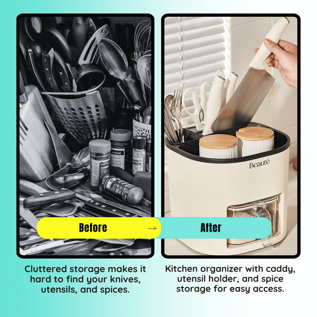 Before and after comparison of a kitchen organizer with utensils, spices, and a knife.