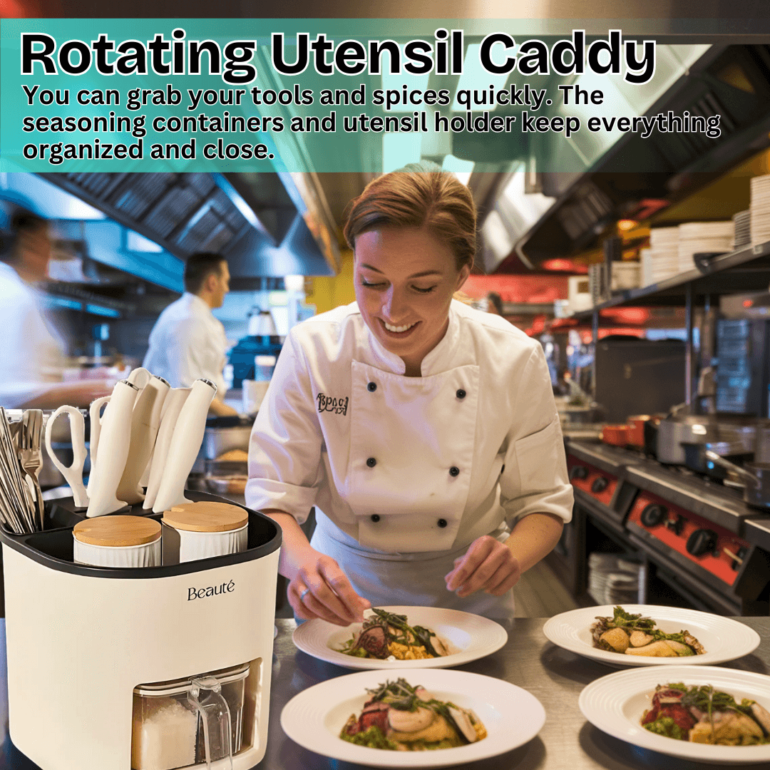 Chef preparing food in a kitchen with a rotating utensil caddy.