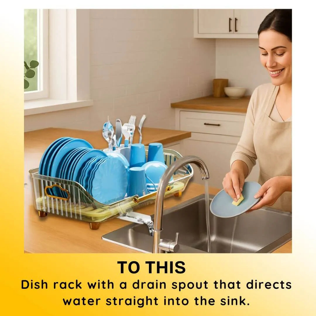 Woman washing dishes in a kitchen with a dish rack and sink.