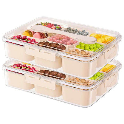 Bundle of 2 food storage container with compartments filled with various snacks on a white background