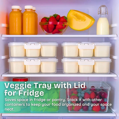Fridge shelves with containers, vegetables, and fruits, featuring text about a veggie tray with lid.