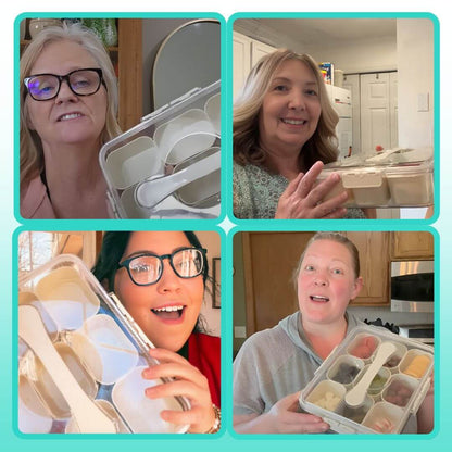 Four quadrants showing a woman with different expressions holding a food storage container.