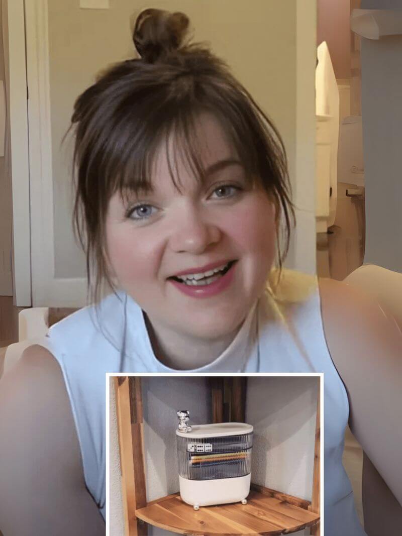 Woman with a smile, inset showing a pen holder on a wooden shelf.