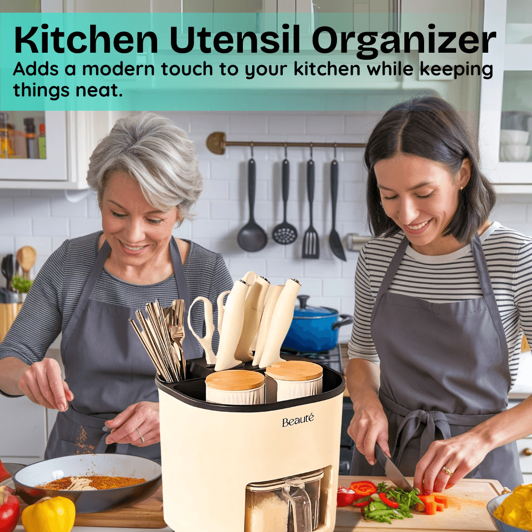 Two women in a kitchen using a kitchen utensil organizer.