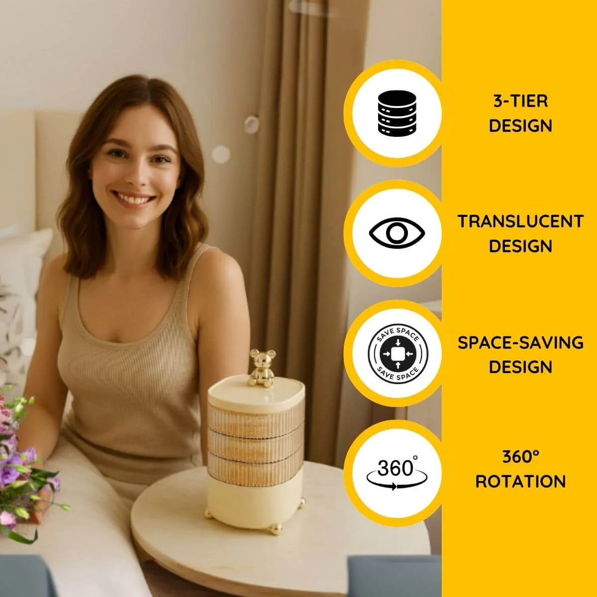Woman sitting on a bed with a decorative item and product features on the right