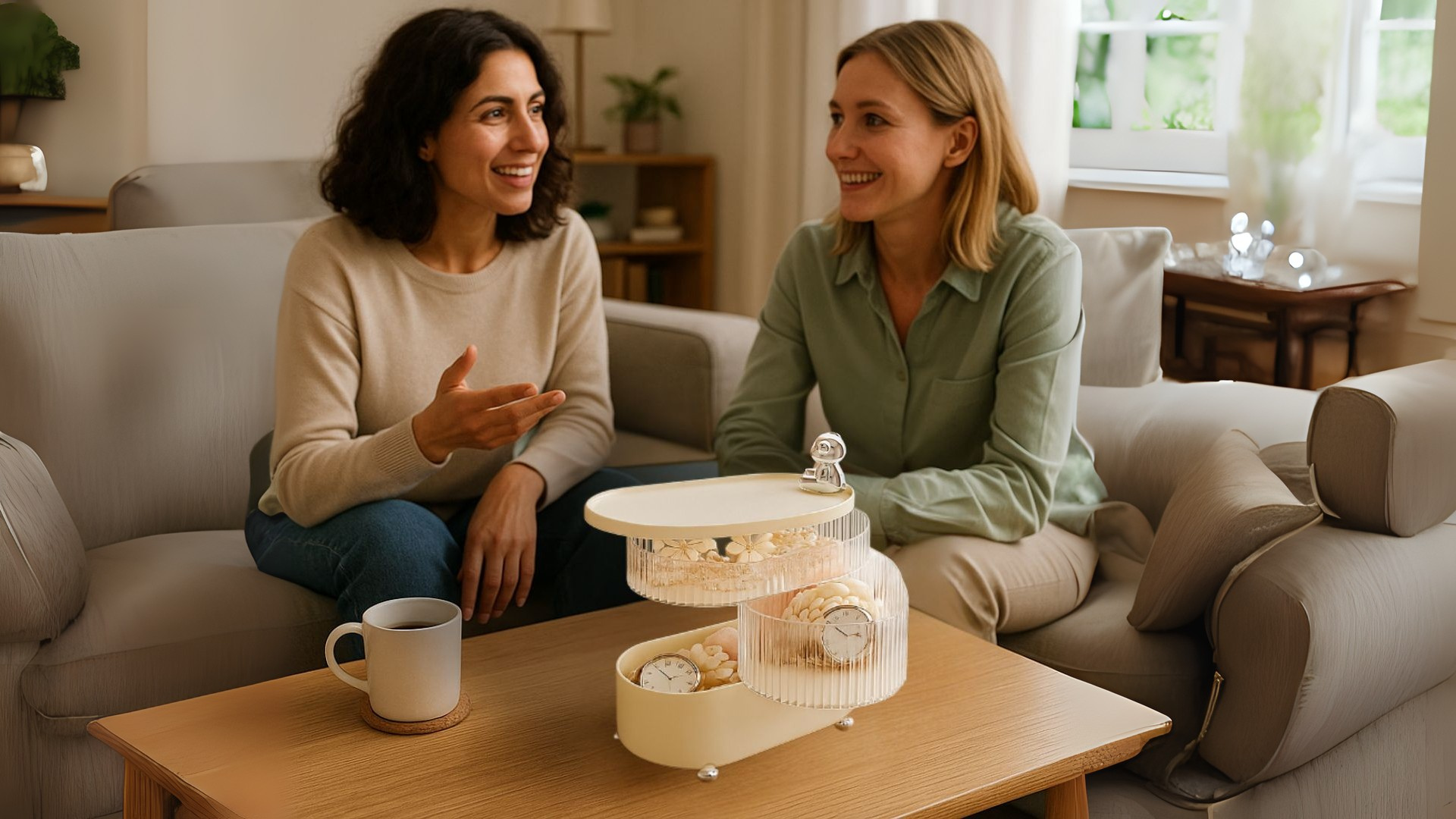 Two women sitting on a couch in a living room, engaged in conversation.