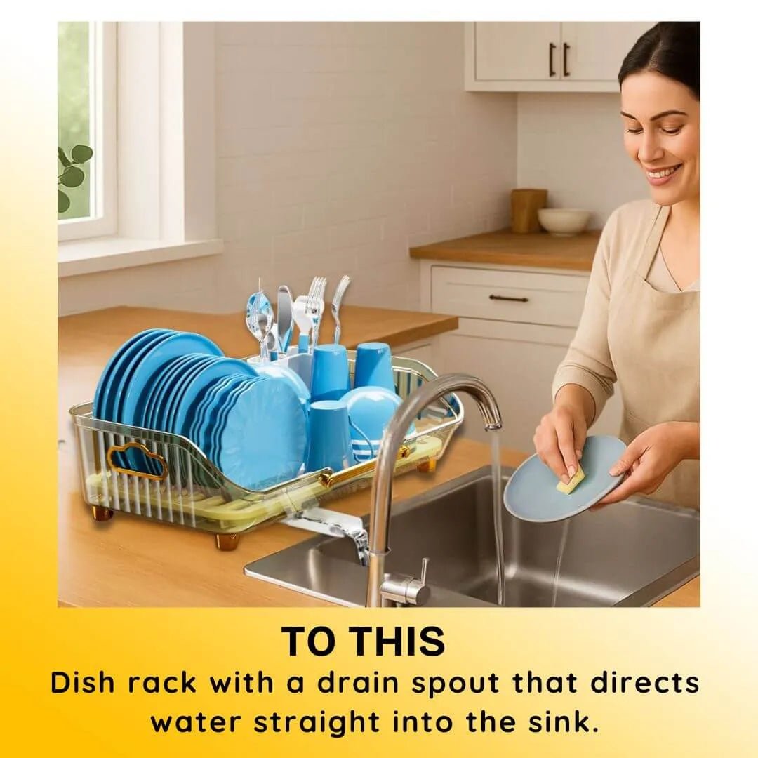 Woman washing dishes in a kitchen with a dish rack and sink.