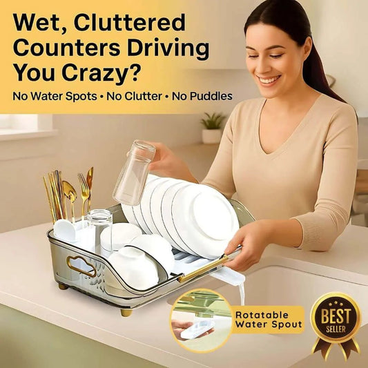Woman using a dish drying rack with text about water spots, clutter, and puddles.