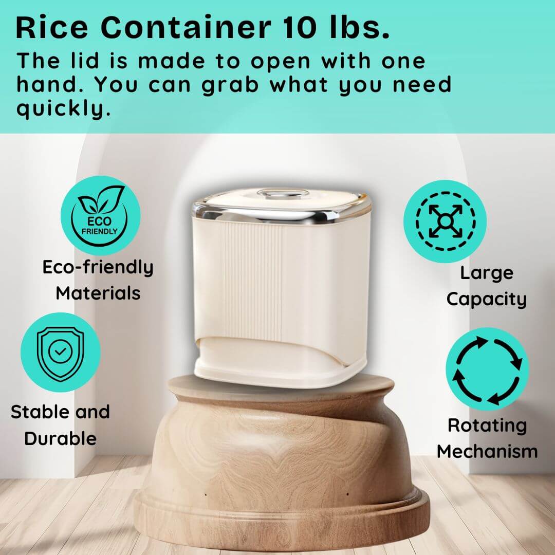 Rice container with wooden base and metallic lid on a light background