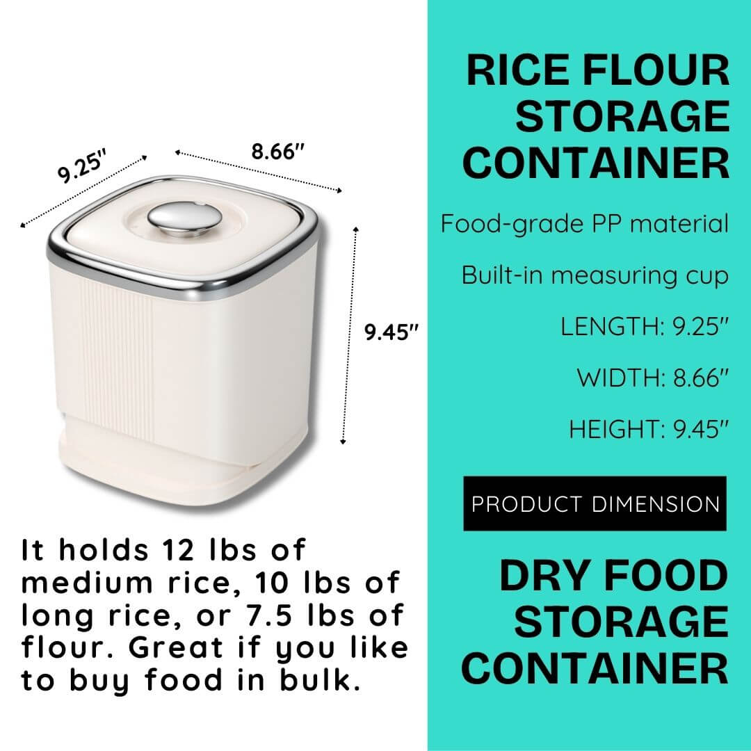 Rice flour storage container with dimensions and product details on a white background
