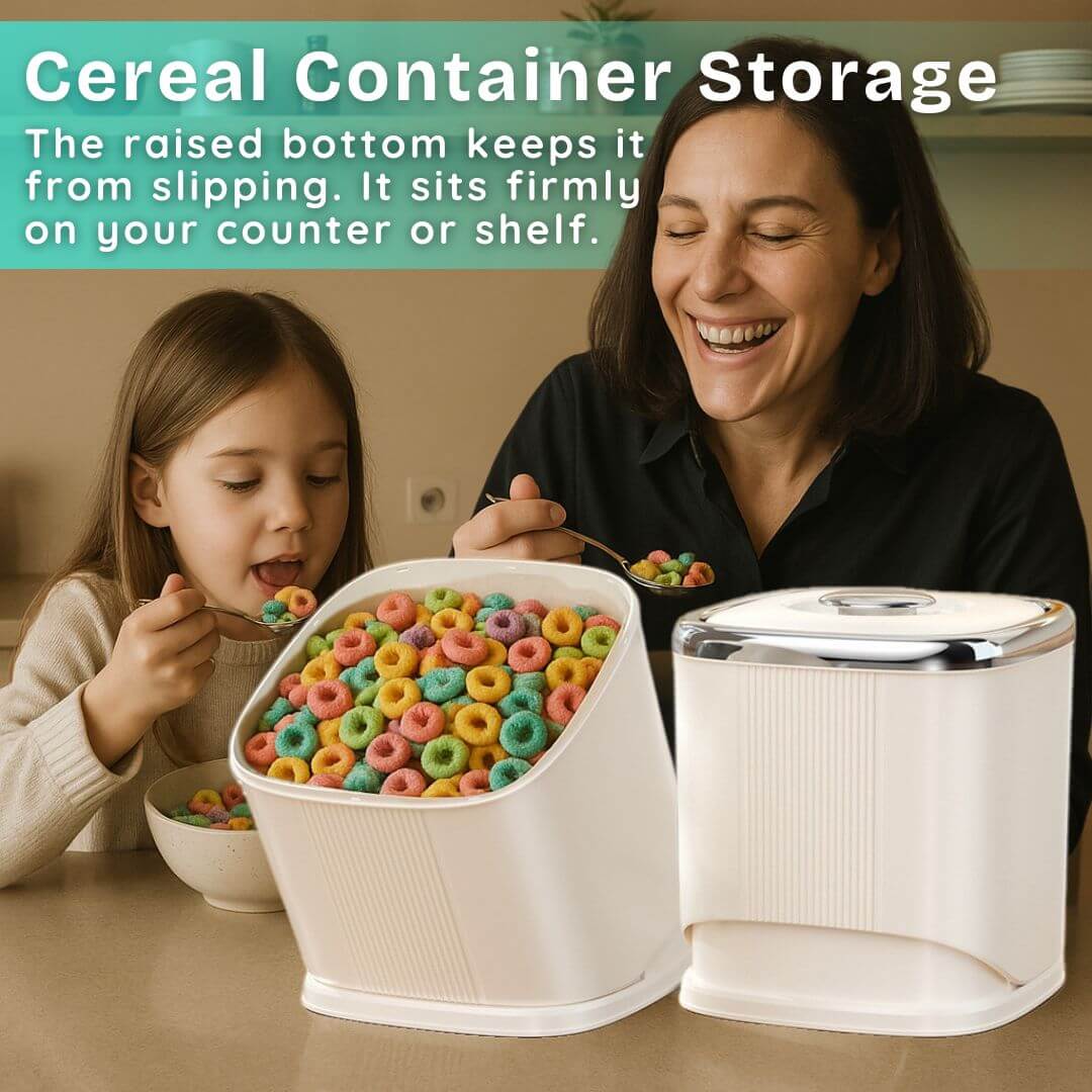 Woman and child eating cereal from a white cereal container with a raised bottom, sitting firmly on a counter.