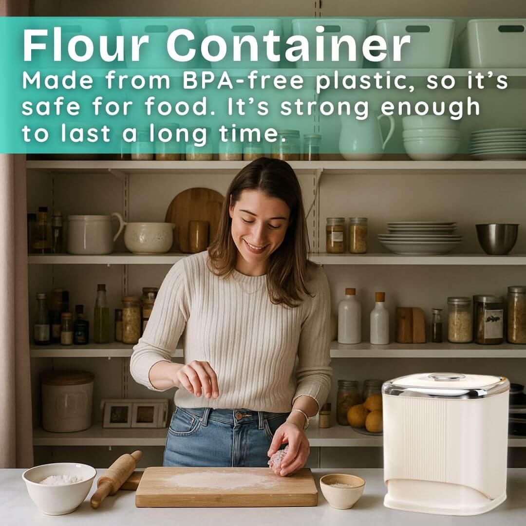 Woman in a kitchen with a flour container, shelves with kitchenware in the background