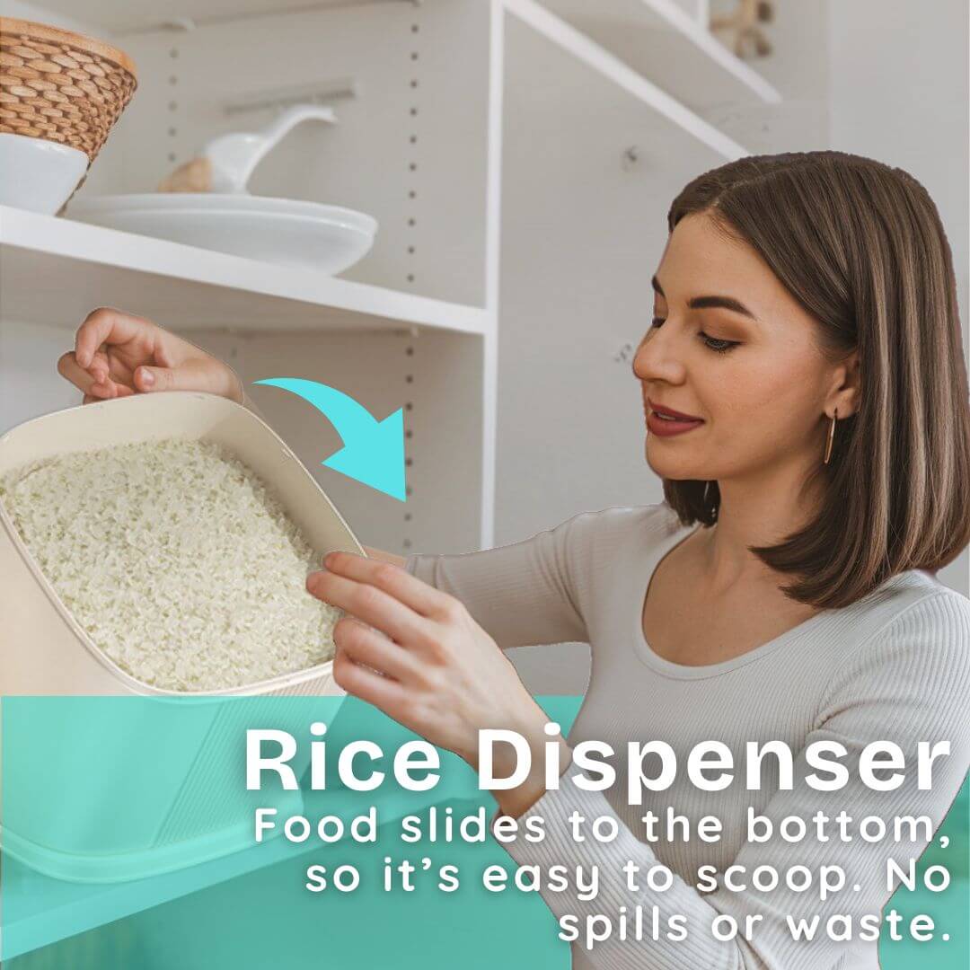 Woman using a rice dispenser with text highlighting its features