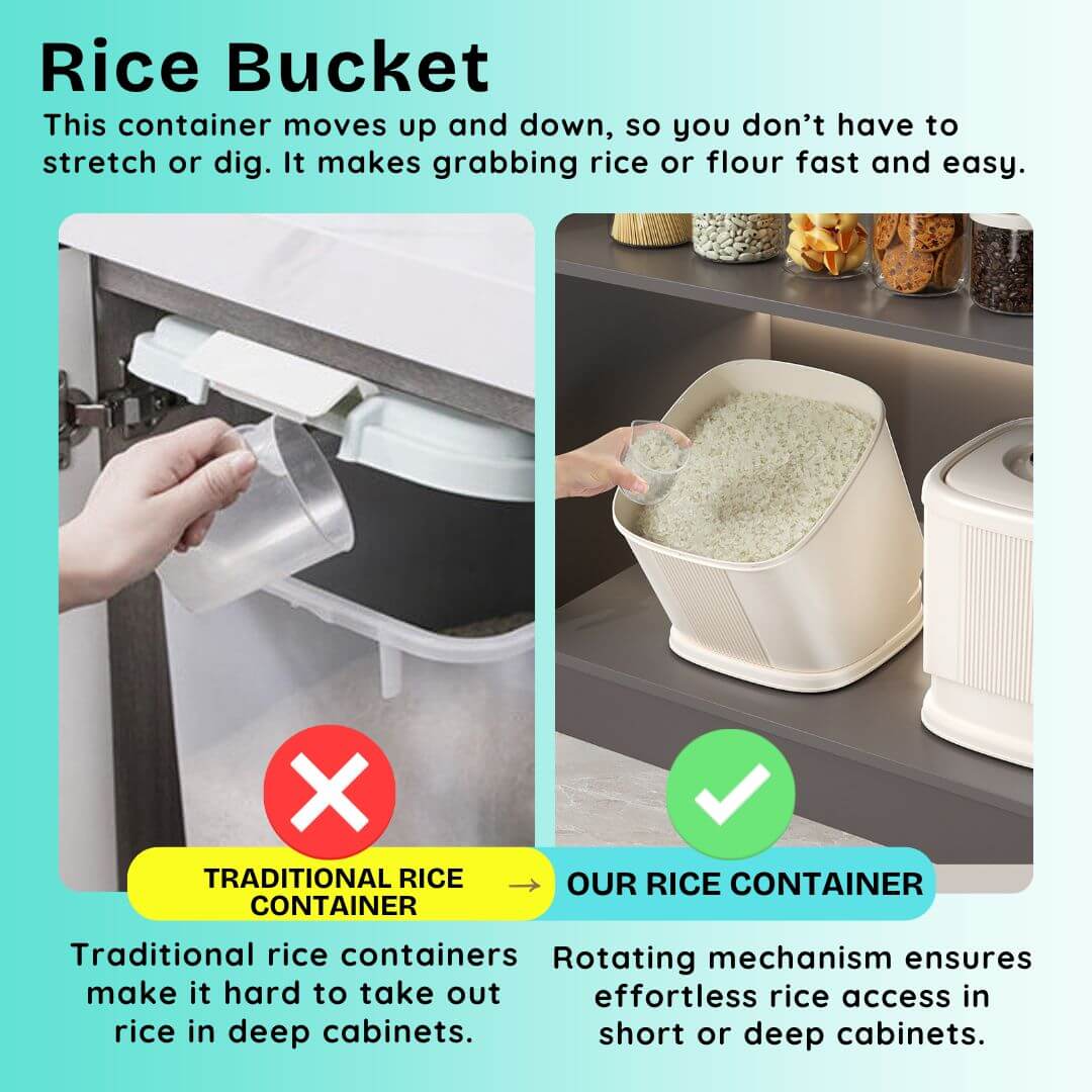 Rice bucket with a rotating mechanism for easy access to rice, shown with text explaining its benefits.